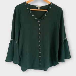 Grey & Gray Eyelet Bell Sleeve Blouse